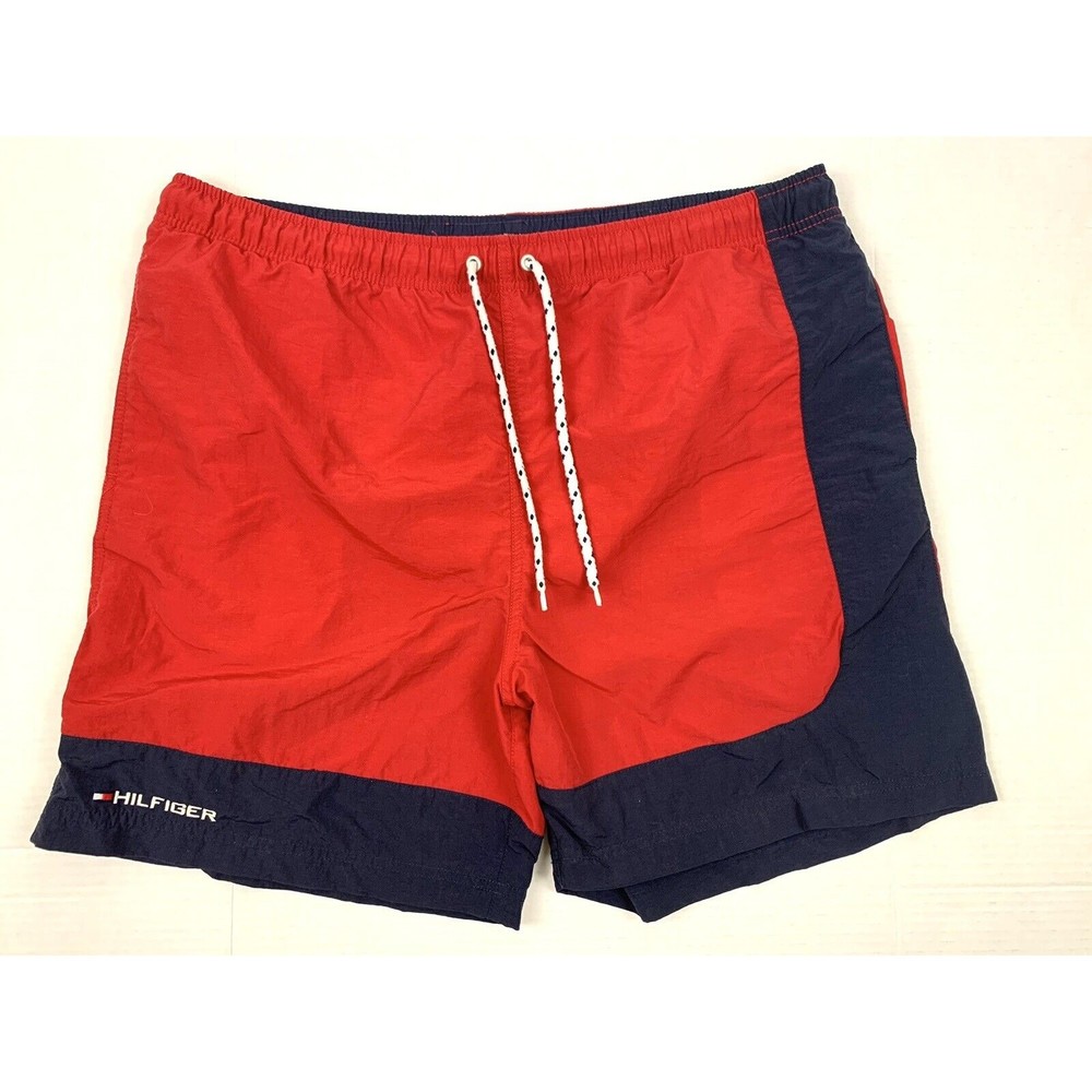 Tommy Hilfiger Men's Size Large Red Blue Swim Trunks Board Shorts Pockets Lined